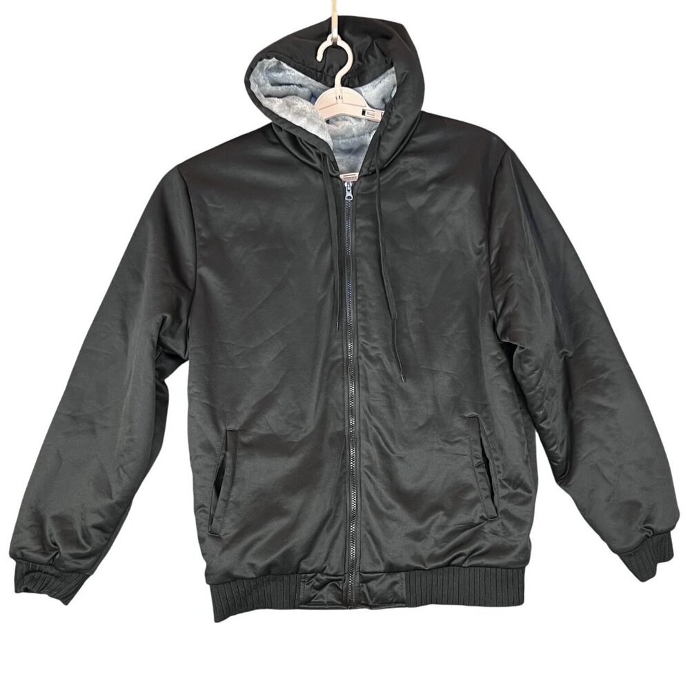 Mens L Hooded Bomber Jacket Black Lined Full Zip Winter Ribbed Hem Warm Pockets
